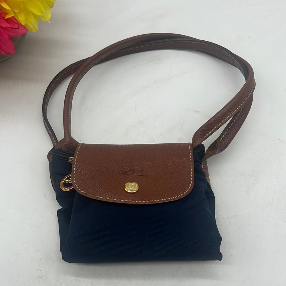 Longchamp Navy Blue Tan convertible foldable expandable travel bag Tote